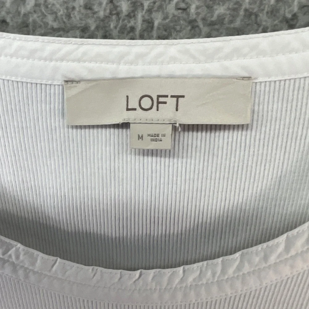 LOFT Puff Sleeve Top Womens Medium White Excellent Ribbed Mixed Media Scoop Neck